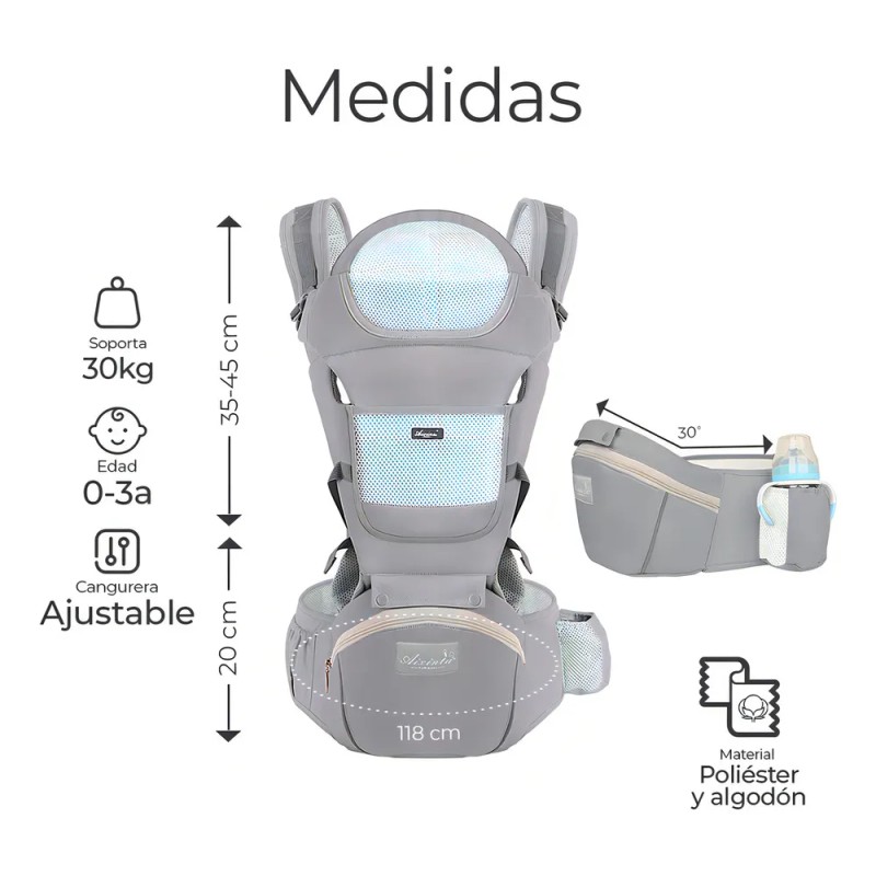 Cangurera Portabebé Mochila Multifuncional Con Asiento Bebé Color Gris