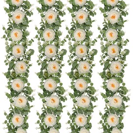 Dolicer 4Pcs 26Ft Artificial Eucalyptus Garlands with Flowers, Faux Floral Greenery Garlands Fake Flowers Vines for Wedding Table Centerpieces Arch Party Ceremony Backdrop Decor (White)