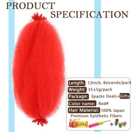 Afro Twist Hair Pre Separated Springy Twist Hair Pre stretched Wrapping Hair for Soft Locs Marley Twist Braiding Hair Kinky Twist Hair Extensions (12 Inch (Pack of 3),RED#)