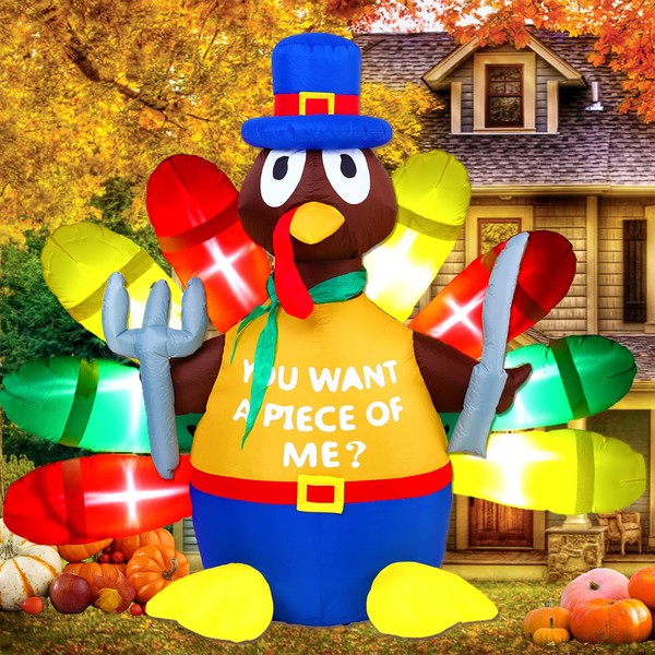 TOCZIM Thanksgiving Inflatable Turkey Decorations -5FT LED Light Up Pilgrim Hat & Colorful Tail -Holding Knife and Fork Turkey Blow up Yard Decor Outdoor Indoor Lawn Garden Home Autumn Holiday Harvest