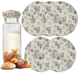 Sourdough Starter Jar Covers for Mason Jars, Teal Damask Flower 5Pack Reusable Linen Sourdough Proofing Cloth for 3-4 Inch Jar Mouth Baking Supplies