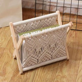 LIKEUDO Nordic Wind Cotton Rope Woven Magazine Rack - Boho Folding Shelf with Solid Wood Weaving