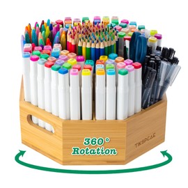 TIKSPCAE 360° Rotating Art Supply Organizer, Holds 750+ Pencils, Bamboo Marker & Pen Holder with Handles, Desk Storage Caddy for Paint Brushes, Crayons, Ideal for Office, Home, Classroom