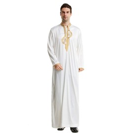 XINNI Men Arabic Long Sleeve Embroidery Thobe Stand Collar Kaftan Robe White