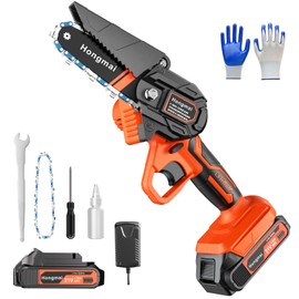 Hongmai Mini Chainsaw, 4 Inch Cordless Handheld Electric Chainsaw for Tree Branches, Wood Cutting, and Garden Work, Portable Pruning Saw with 1 Battery and 1 Extra Chain for Household and Outdoor Use