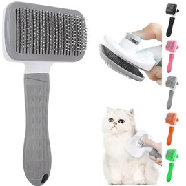 Generic Pet Grooming Brush, Gray - Self Cleaning Dematting Comb for Cats and Dogs, Bristles with Massage Particles, Ergonomic Handle Design, Easy to Use, for Long or Short Hair Breeds, Stainless Steel