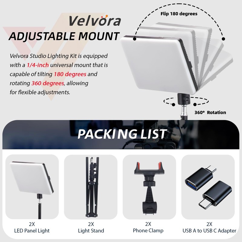 2-Pack LED Video Light Kit, Velvora 15W Photography Lighting with