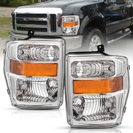 TUSDAR Headlight Assembly Set for 08 09 10 Ford F-250 F-350 F-450 F-550 Super Duty Driver Passenger Side (Chrome Housing with Amber Reflector)