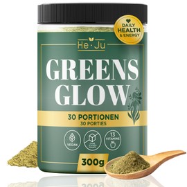He-Ju Greens Glow Super Greens Detox Powder with Apple Fibre, Spirulina, Broccoli & 13 Vitamins, 300 g Superfood Mix, Vegan, No Added Sugar, with Vitamin C & D to Support Immune Function