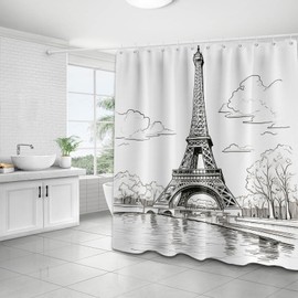DLTAY Eiffel Tower Shower Curtain Paris French City White Bathroom Decor Set, Waterproof Cloth Fabric with Hooks, 72x72 inches