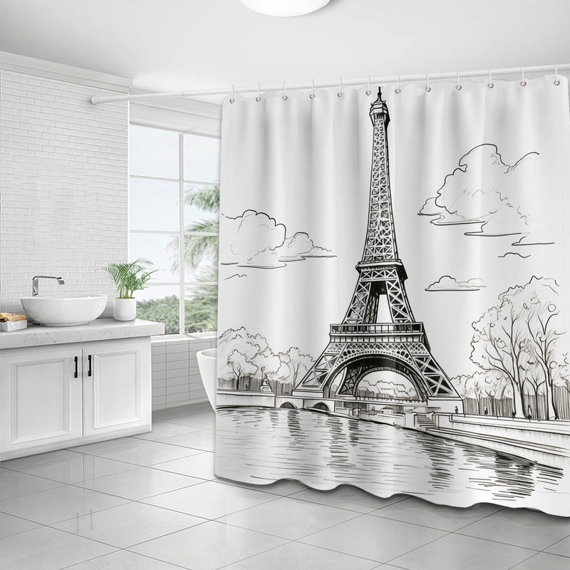 DLTAY Eiffel Tower Shower Curtain Paris French City White Bathroom