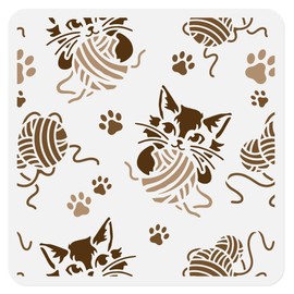 Cute Kitten Allover Stencil for Painting on Wall 30 x 30cm Reusable Plastic Cat Playing with Ball of Wool Craft Stencil for Painting on Wood Fabric