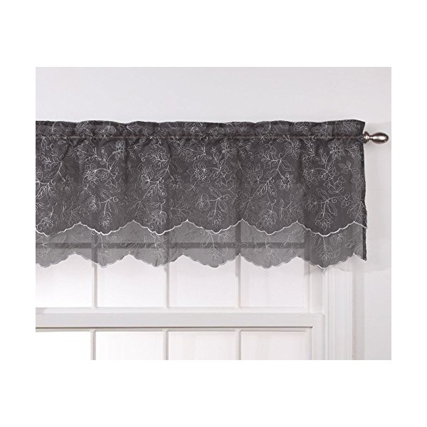 Stylemaster Renaissance Home Fashion Reese Embroidered Sheer Layered Scalloped Valance, 55-Inch by 17-Inch, Charcoal