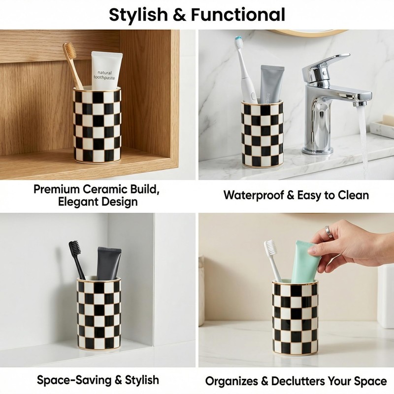 Checkered Ceramic Toothbrush Holder, Cute & Durable for Bathroom, Ideal