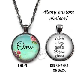 Double Sided Custom Oma Charm Necklace with Grandkids Names on Back - 23 Designs, 4 Metal Finishes Available
