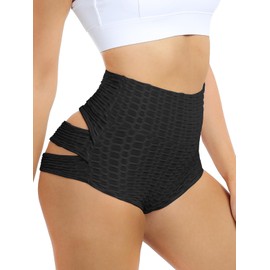 Pantalones cortos de levantamiento de glúteos para mujer, pantalones cortos de cintura alta, para entrenamiento, yoga, con textura, para mujer, Negro -, XL
