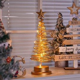 GOTUU Christmas Tree Lamp, Spiral Christmas Tree with Glittering Star, AA Battery Operated Gold Christmas Tree Light with Metal Stand for Christmas Table Decoration（Batteries not Included）