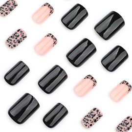 Leopard Press on Nails Black Fake Nails Short Square False Nails Press ons with Cheetah Print Designs Reusable Acrylic Nails Full Cover Glue on Nails Artificial Stick on Nails for Women Manicure 24Pcs