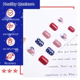 BFY 4th of July Press on Nails Short Square Fake Nails, USA Flag Heart White Point Acrylic Nails, Glossy Gel False Nails Kit Stick Glue on Nails Tip, Independence Day Patriotic Decoration 24 Pcs