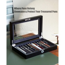 Bonaking Wood Pen Display Case 12 Pens, Fountain Pen Display Box, Lockable Pen Storage Box with Glass and High-End Hardware, Pen Box Organizer, Pen Collection Display Case (Black with Gray Velvet)