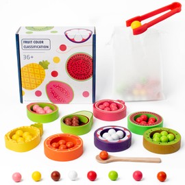 JOCY Montessori Wooden Color Sorting Toys, 6 Fruits Classification Motor Skills Toy, Wooden Peg Board Beads Game, Preschool Learning Educational Color Matching sensory Toy for 3+ Year Old Boy and Girl