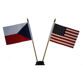 USA & CZECH REPUBLIC Small 4 X 6 Inch Mini Double Country Stick Flag Banner with BLACK STAND on a 10 Inch Plastic Pole New