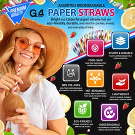 G4GADGET 250-Pack Assorted Biodegradable Paper Straws – Sturdy, Eco-Friendly, Disposable Drinking Straws for Parties, Smoothies, Slush, Crafts – Colorful & Recyclable Paper Straws