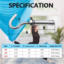 Concrete Wall Hook, Lsqurel 304 Stainless Steel Expansion Hook Heavy Duty Concrete Hook Open Cup Hook Expansion Bolts for Concrete Wall (M10-10Pack)
