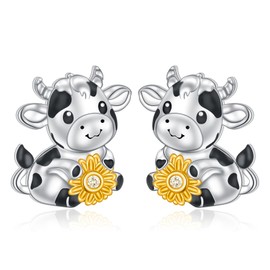 HOOHWE 925 Sterling Silver Cute Animal Cow Sunflower Stud Earrings for Women Animal Earrings Jewelry