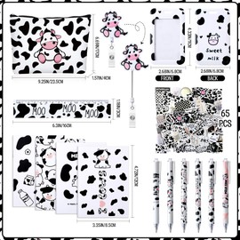 Hillban 20 Pcs Cute Cow Supplies Set, Includes Cow Print Girls Backpack Pencil Bag 6 Cow Ballpoint Pen 8 Notebooks 1 Set Stickers Ruler Badge Holder Case and Reel Clip Christmas Thanksgiving Gift