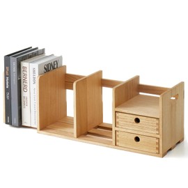 KIRIGEN Wood Adjustable Desk Orangizer Storage Expanable Desktop Bookshelf Fully Assembled Bookcase Adjustable Book Rack with Drawer for Office SSSJ-L-NA