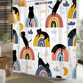 Leowefowa Funny Cat Shower Curtain Abstract Rainbows Modern Aesthetic Shower Curtains Black Mid Century Boho Moon Bathroom Decor Polyester Fabric with Hooks 72x72 inch