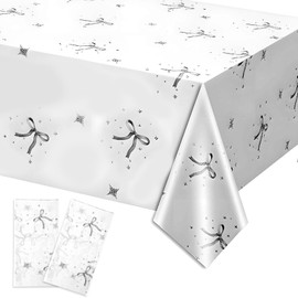 2pcs Black Bow Tablecloth, Coquette White Black Bow Themed Birthday Decorations, Rectangle Waterproof Plastic Table Cover Cloth Decor for Girl Women Birthday Baby Shower Bachelorette Party Supplies