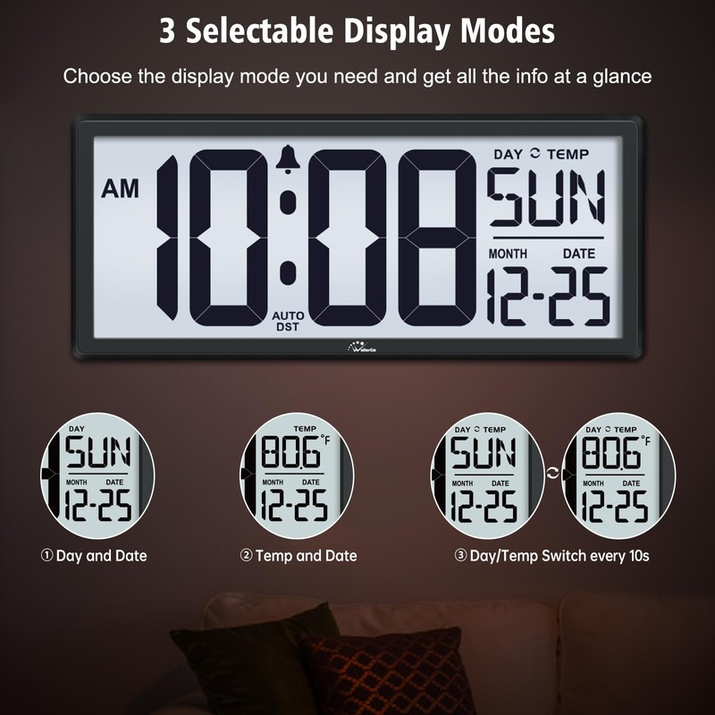 WallarGe Backlight Digital Wall Clock Battery Operated - with Temperature
