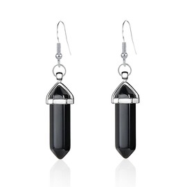 Crystal Hexagonal Points Drop Dangle Earrings Quartz Natural Stone for Women Natural Quartz Stones Amethyst Gemstone Hook Spiritual Energy Gemstone Reiki Jewelry (Black)