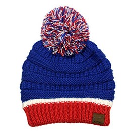 C.C Unisex College High School Team Color Two Tone Pom Pom Knit Beanie Hat, Royal/Red
