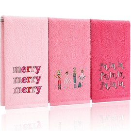 Hillsuren 3 Pcs Christmas Hand Towels Pink Christmas Nutcracker Embroidered Decorative Bathroom Towels for Bathroom Kitchen Decor Winter Set, 100% Cotton, 13.3 x 29.5''