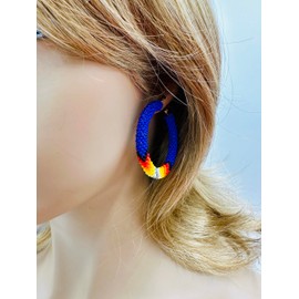 Handmade Beaded Small 2 inch Hoop Round Earrings Liverback for Women All Season(Blue Fire)
