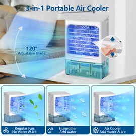 Portable Air Conditioner,3-IN-1 Evaporative Air Cooler,3 Speeds 2 Spray Outlets,900 Visiable Tank,7 Colors Light,2 Timers,Personal Mini Desktop Cooling Fan,Small AC Unit for Room Kitchen Office RV Car