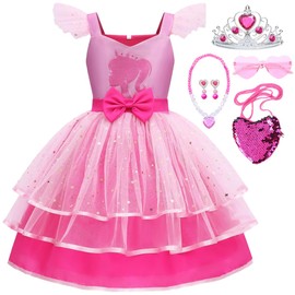 Snyemio Girls' Pink Princess Costume Dress, Children's Fancy Dress Costume with Accessories for Christmas, Carnival Fancy Dress, 116-122 (Label 120)