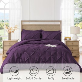 UNIKOME Queen Comforter Set Purple - Lightweight Soft Pintuck Down Alternative Bedding Set for Summer, All Seasons, 3 Pieces Pinch Pleat Solid Bed Set with Comforter, 2 Pillowcases