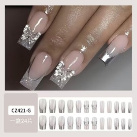 3D Butterfly French Tip Press on Nails Medium Length Fake Nails Glossy Glue on Nails Full Cover Acrylic Nails Silver Square Nail Tips Design Cute Artificial Stick on Nails for Women and Girls
