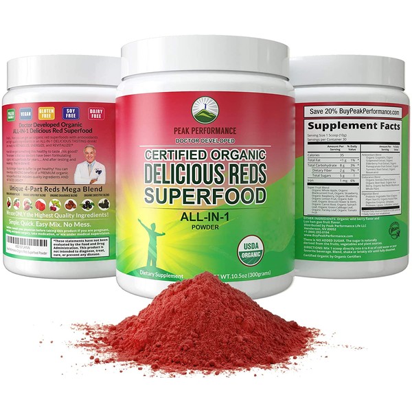 Organic Reds Superfood Powder. Best Tasting Organic Red Juice Super Food with 25+ All Natural Ingredients and Polyphenols. Vital for Max Energy and Detox. Raspberry, Elderberry, Beetroot
