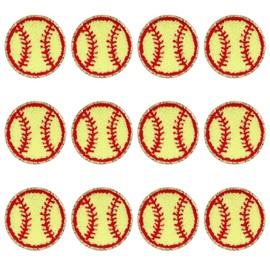 Softball Iron on Patches, 12 PCS Yellow Baseball Chenille Iron on Patches with Gold Edges Decorative Embroidered Repair Patch Appliques Garment Embellishments for DIY Clothing Jackets Hat Backpack