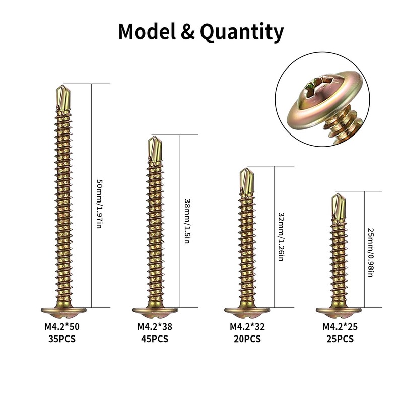 M4.2 Drilling Screws, Self-Drilling Screws, Pack of 125 Self-Tapping Screws,