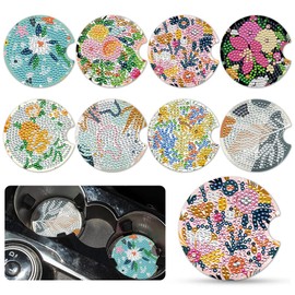 8 Pcs Diamond Painting Coasters, Flowers Diamond Art Car Coasters for Cup Holder, 2.8 Inches Flowers for Drinks, Small Diamond Painting Kits Supplies, DIY Crafts for Adults Kids