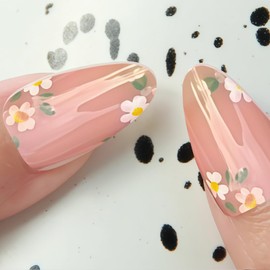 Yamobi 24 pieces press on nails, medium almond false nails, pink spring press-on nails, daisy flower artificial nails, flower stick-on nails