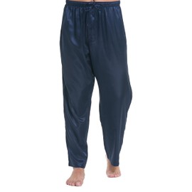 Lavenderi Pantalones de pijama de satén para hombre, pantalones largos de pijama con cordón, Azul marino/flor y brillo, Small