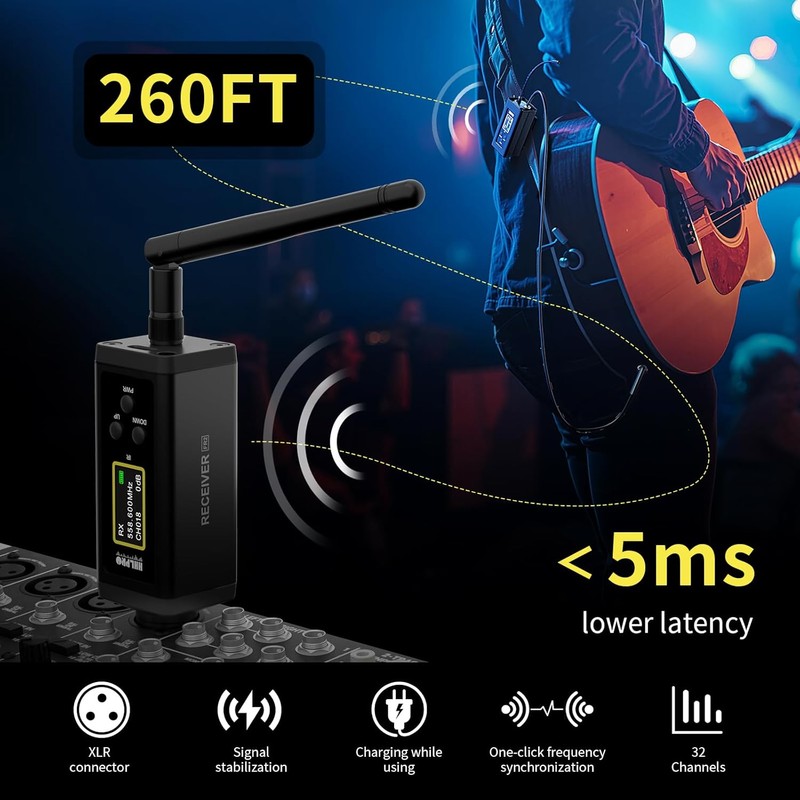 UHF Wireless Guitar System with Antenna,260FT Range,32 Channels,Dual Volume Control,Rechargeable