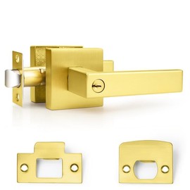 Probrico Brushed Gold Keyed Entry Door Handle Square Heavy Duty Satin Brass Entrance Door Lock Levers Reversible Lockset for Exterior and Interior Doors (Different Keys, 1 Pack)